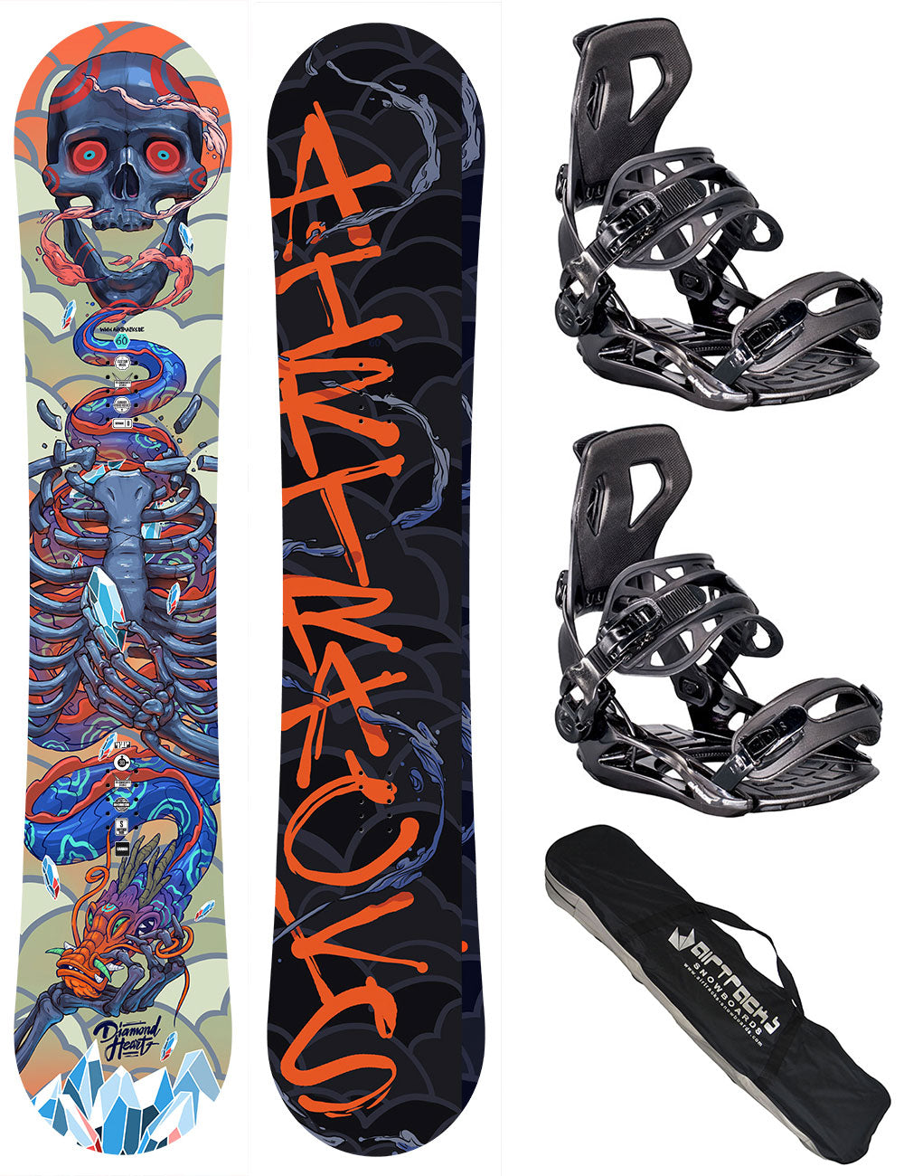 Set de Snowboard Hombre: Tabla Diamond Heart + Fijaciones Master XL + Bolsa