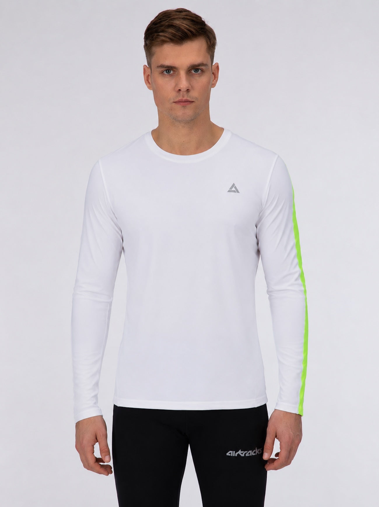 Camicia da corsa funzionale maschile braccio lungo per linea neon bianco