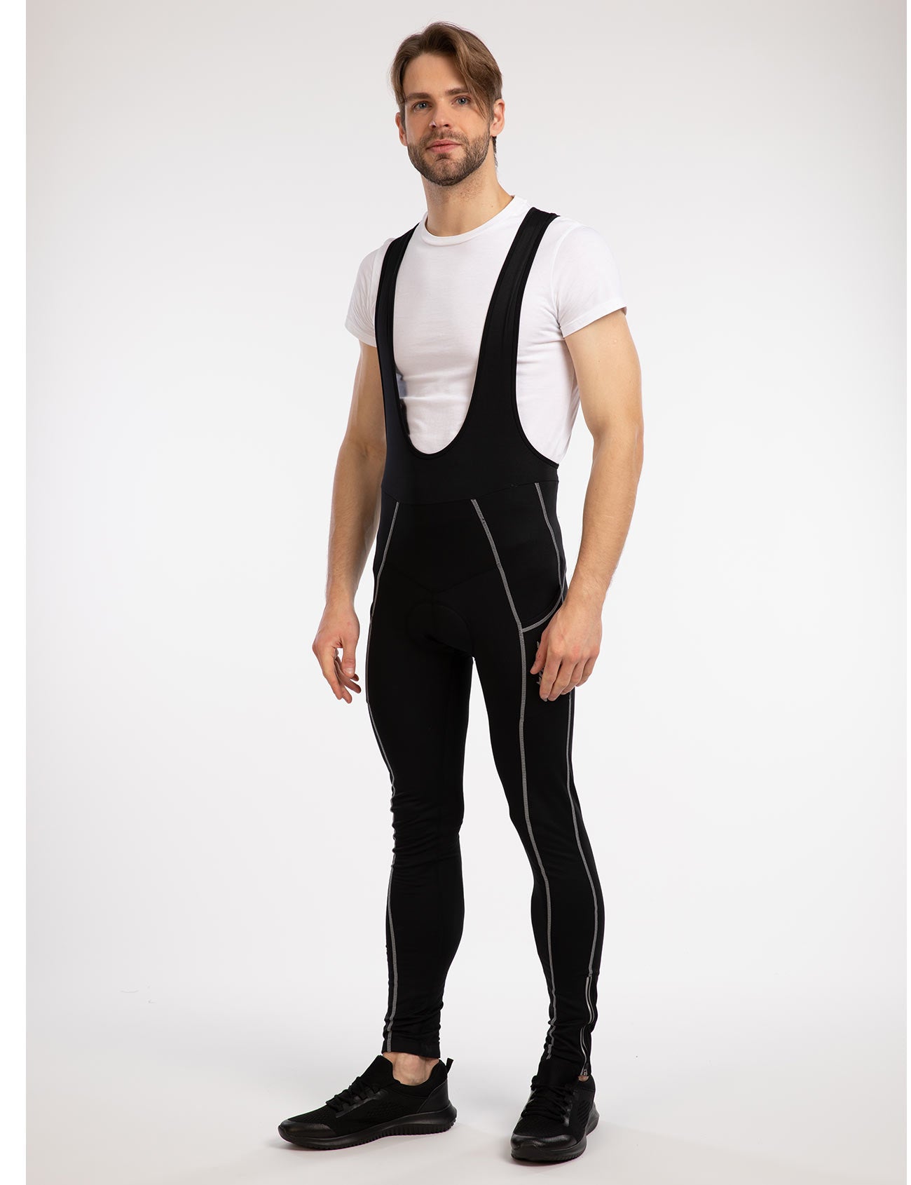 Herren-Thermo-Fahrradhose-Lang-Tragerhose-Pro-Schwarz-Silber-7