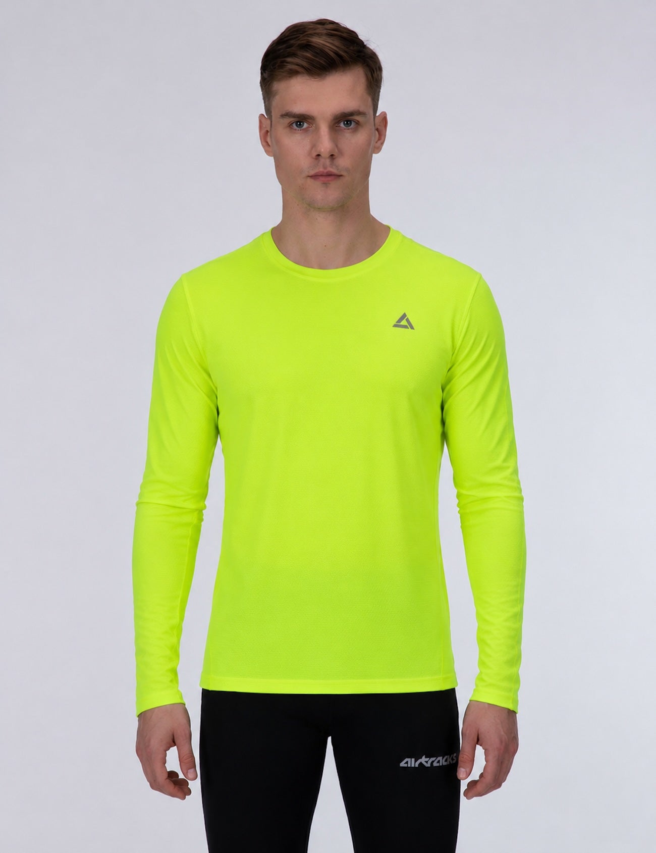 Camicia da corsa funzionale maschile lunga -maniche per linea neon bianco