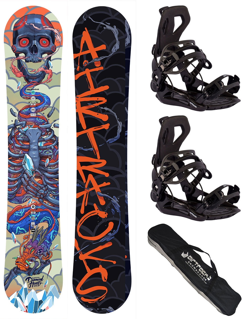 Men Snowboard Set Diamond Heart Carbon Hybrid Rocker + Snowboard Binding Master Pro + SB Sac