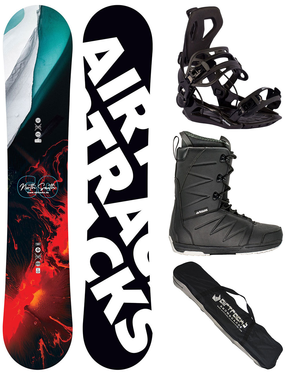 Snowboard degli uomini North South 4 Camber Wide + Snowboard Binding Master Pro + Stivali da snowboard Star Black + SB Borsa