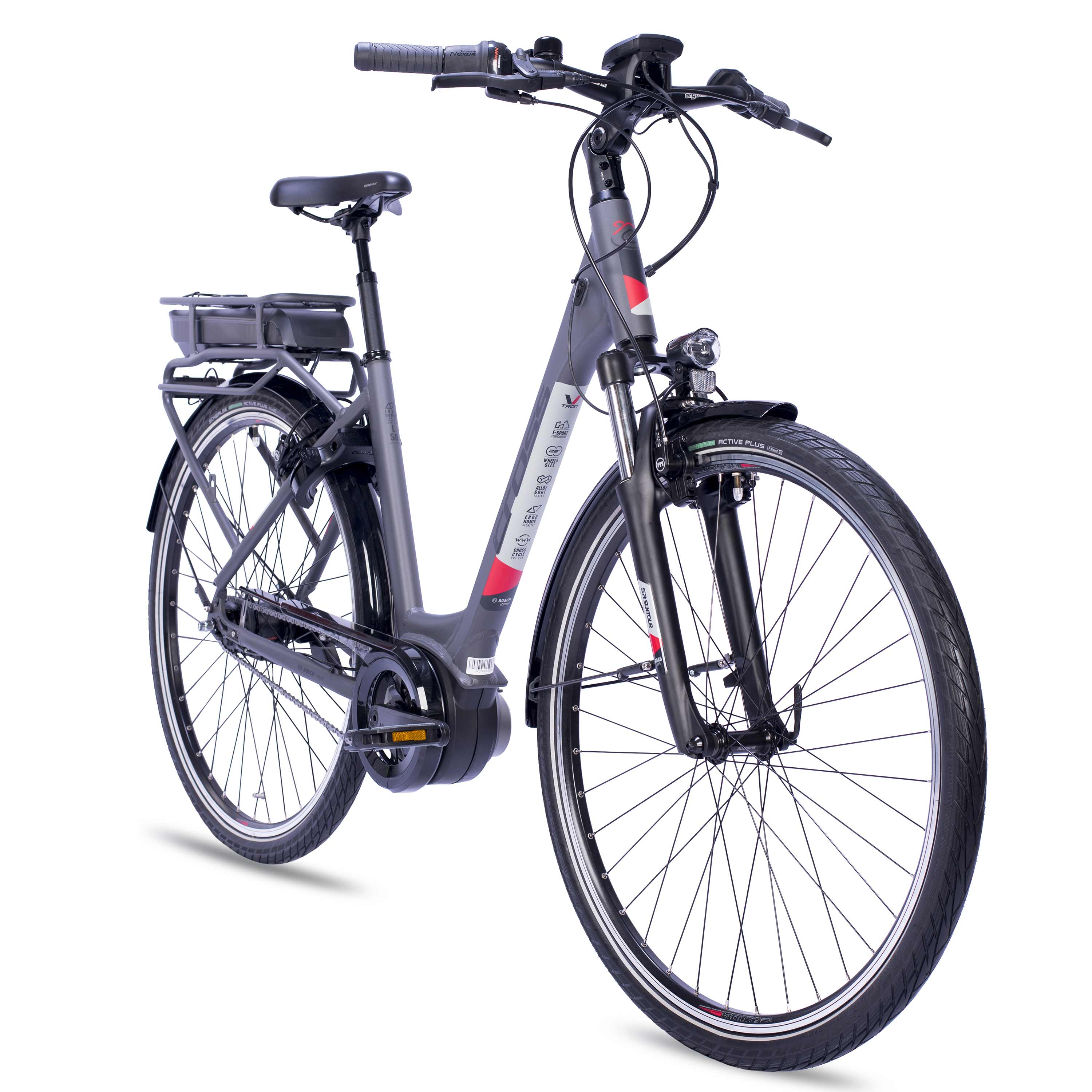 28" Bicicleta eléctrica de ciudad V-Tron RACK BOSCH ACTIVE LINE PLUS 400 Wh 7 velocidades SHIMANO NEXUS freno de contrapedal trasero